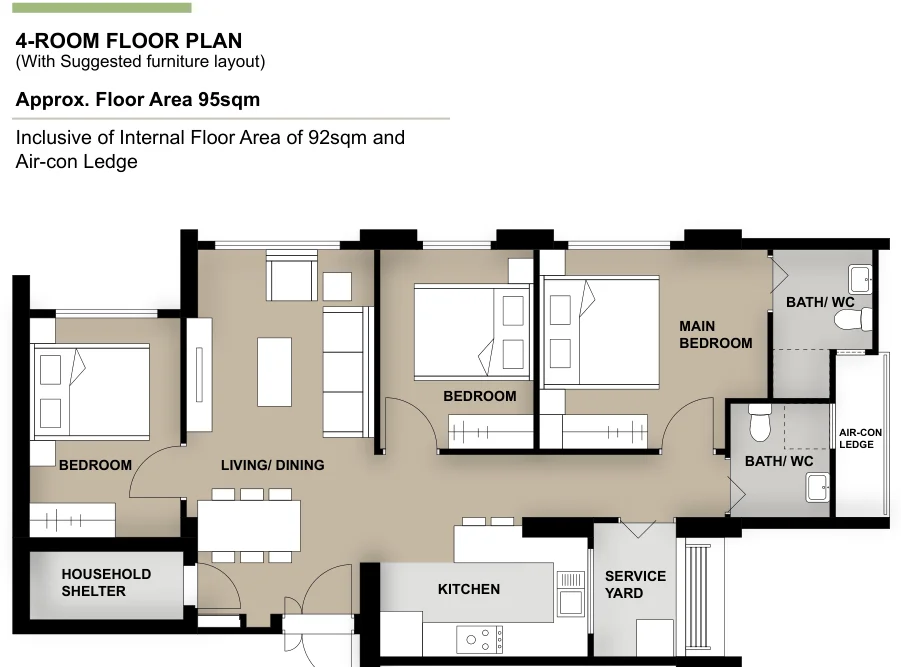 HDB floor plan of a 4-room flat at Tampines GreenJade, about 95 sqm
