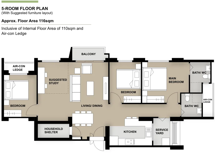 HDB floor plan of a 5-room flat at Tampines GreenJade, about 116 sqm