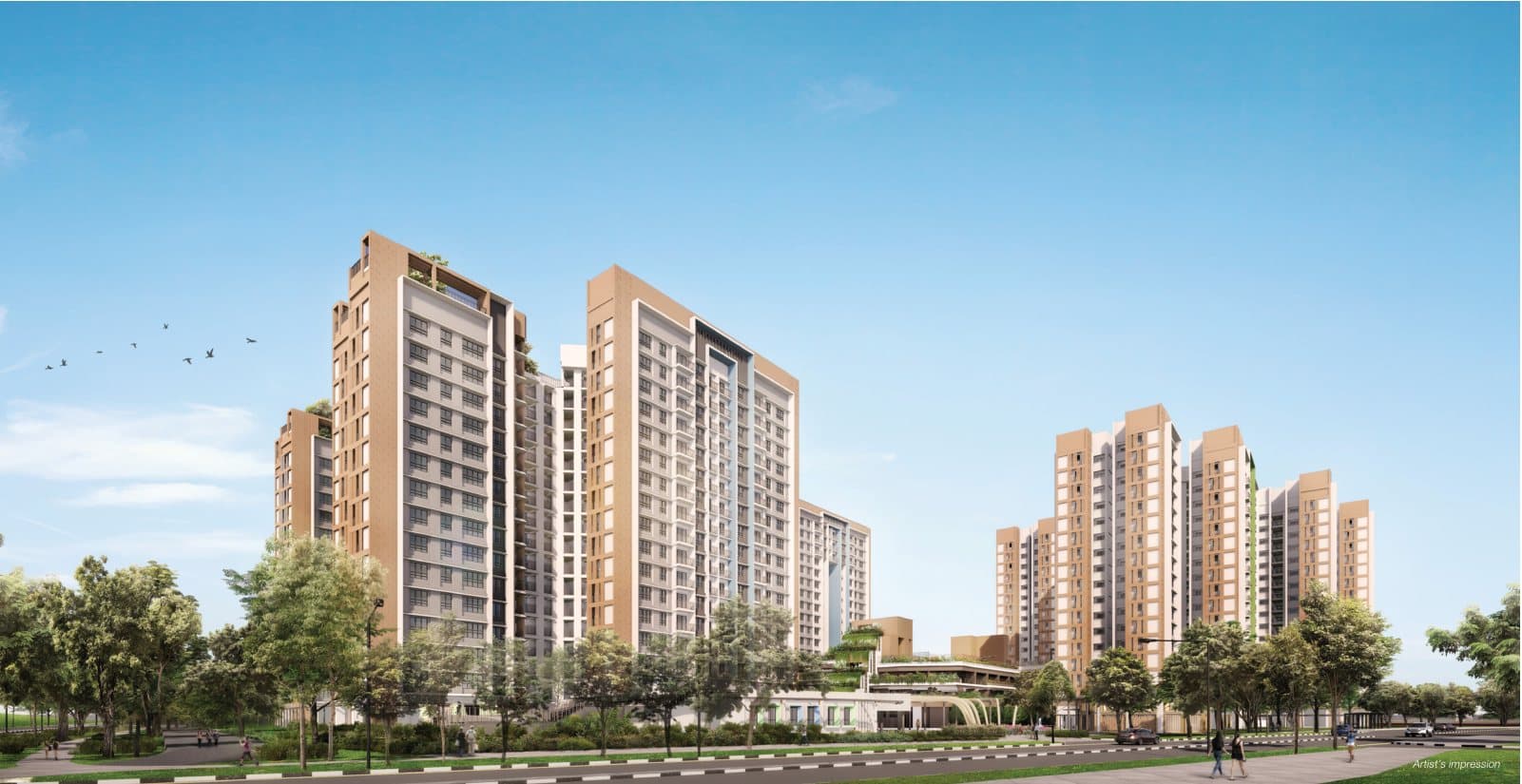 Artist’s impression of Tampines GreenJade: tall brown and white HDB blocks behind the trees along Bedok Reservoir Road