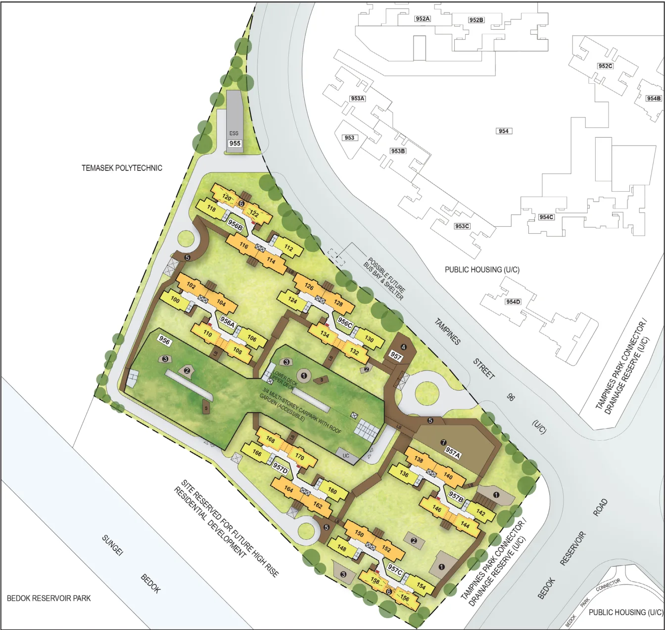 HDB site plan of Tampines GreenJade, blocks 956A, 956B, 956C, 957B, 957C and 957D