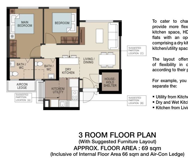 HDB floor plan of a 3-room flat at Tampines GreenOpal, about 69 sqm