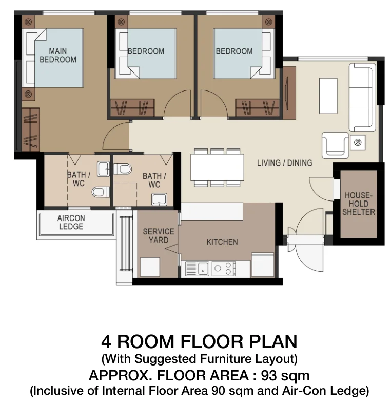 HDB floor plan of a 4-room flat at Tampines GreenOpal, about 93 sqm