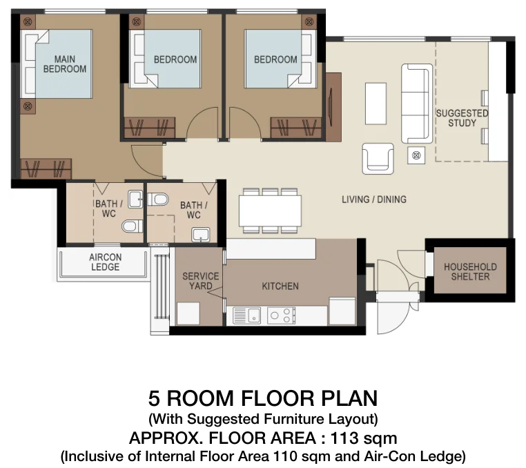 HDB floor plan of a 5-room flat at Tampines GreenOpal, about 113 sqm