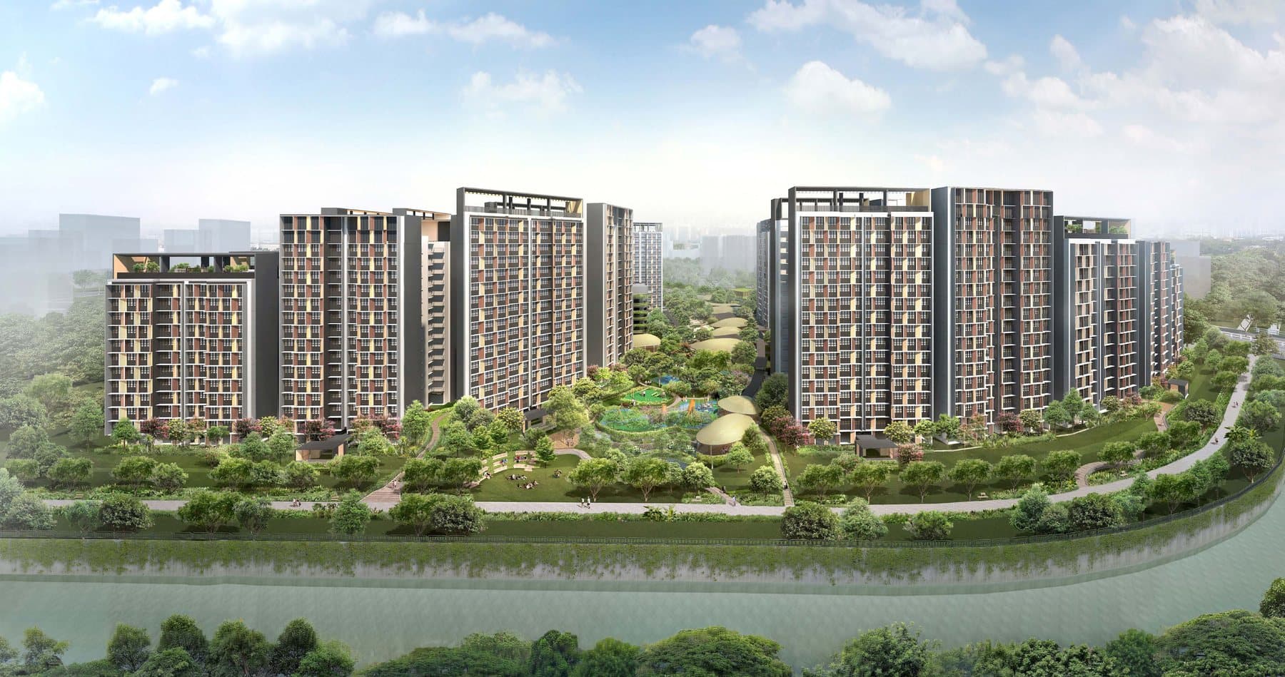 Artist’s impression of Tampines GreenOpal: two rows of HDB blocks around a landscaped central green beside Bedok Canal