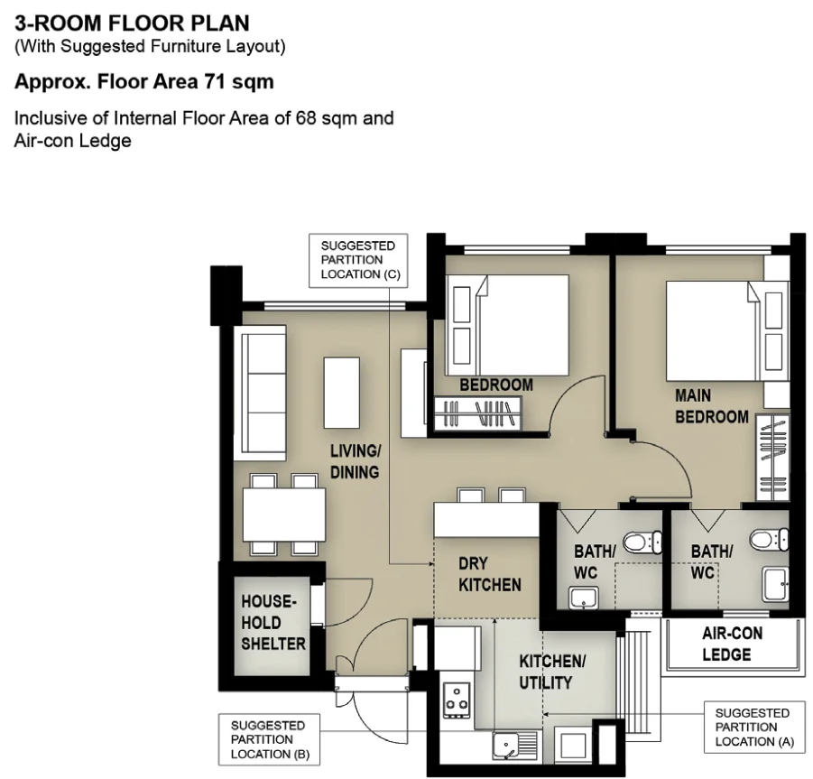 HDB floor plan of a 3-room flat at Tampines GreenQuartz, about 71 sqm
