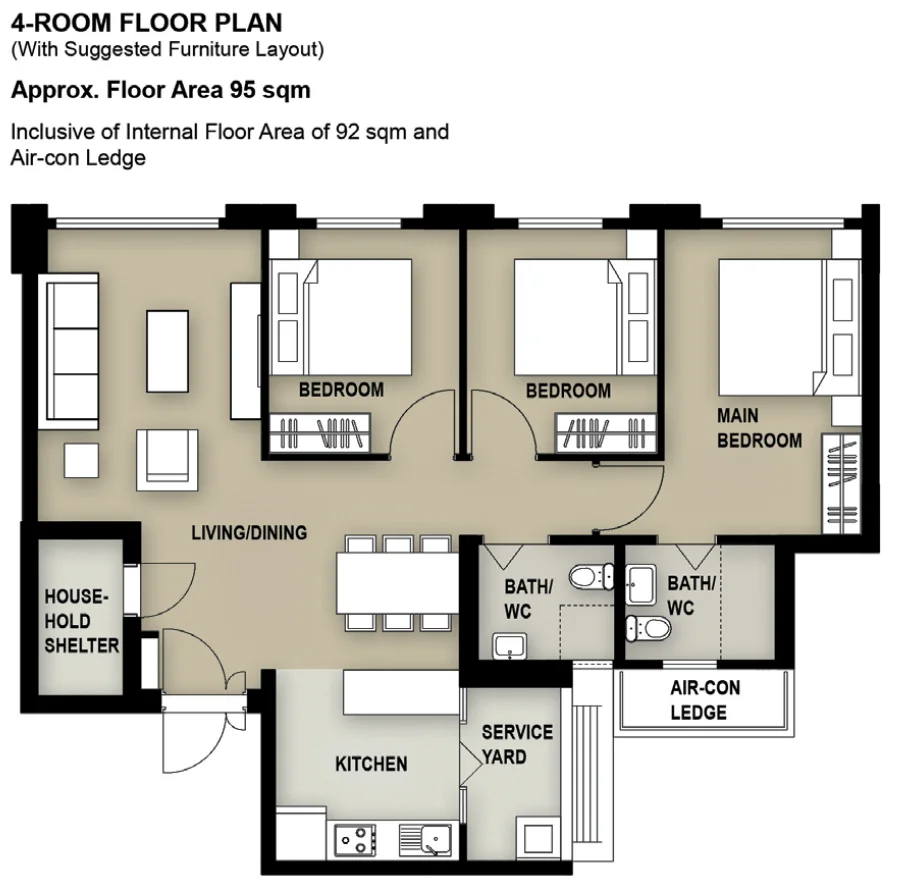 HDB floor plan of a 4-room flat at Tampines GreenQuartz, about 95 sqm