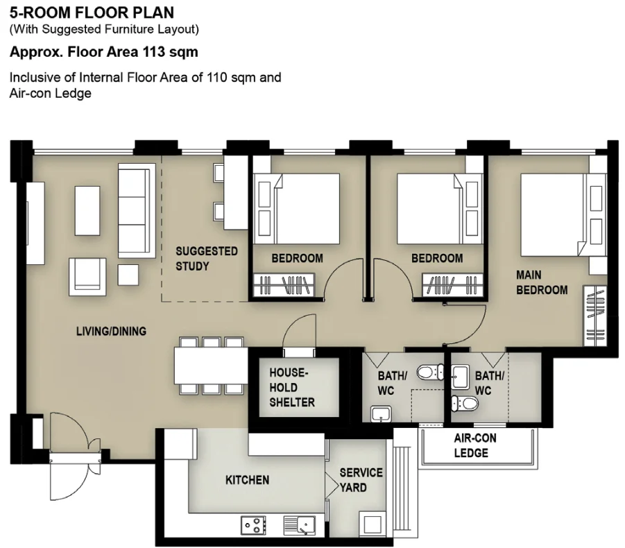 HDB floor plan of a 5-room flat at Tampines GreenQuartz, about 113 sqm