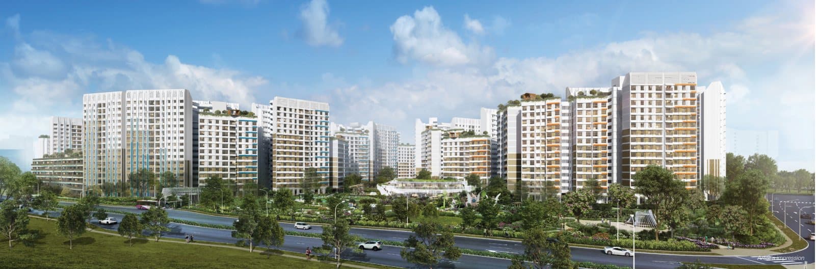Artist’s impression of Tampines GreenQuartz: white HDB blocks with orange and blue trims behind the trees along the main road
