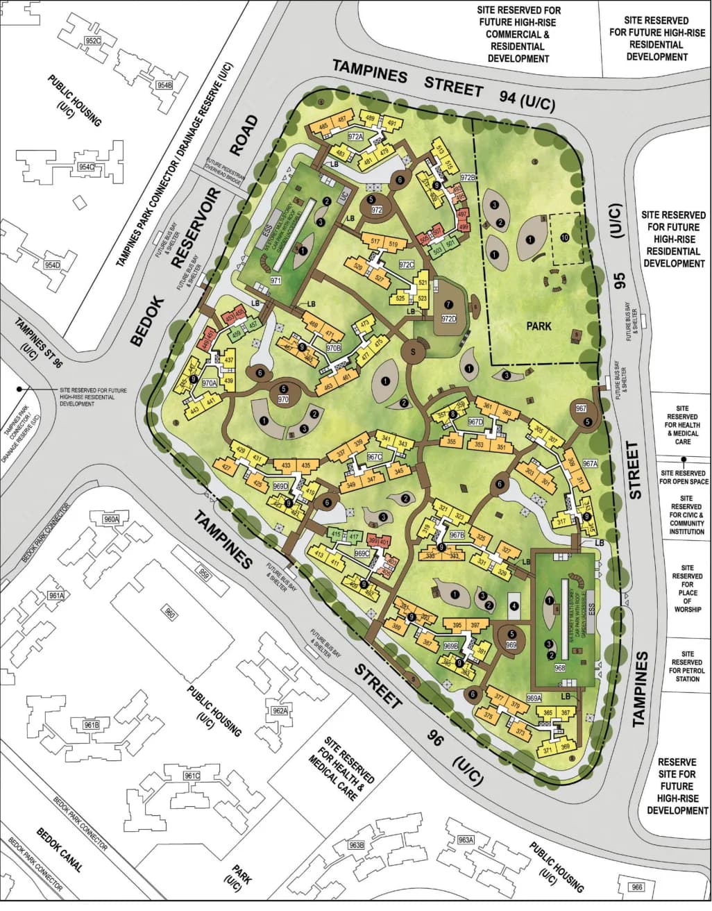 HDB site plan of Tampines GreenQuartz, blocks 967A, 967B, 967C, 967D, 969A, 969B, 969C, 969D, 970A, 970B, 972A, 972B and 972C