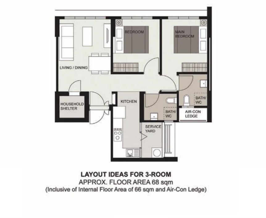 HDB floor plan of a 3-room flat at Tampines GreenRidges, about 68 sqm