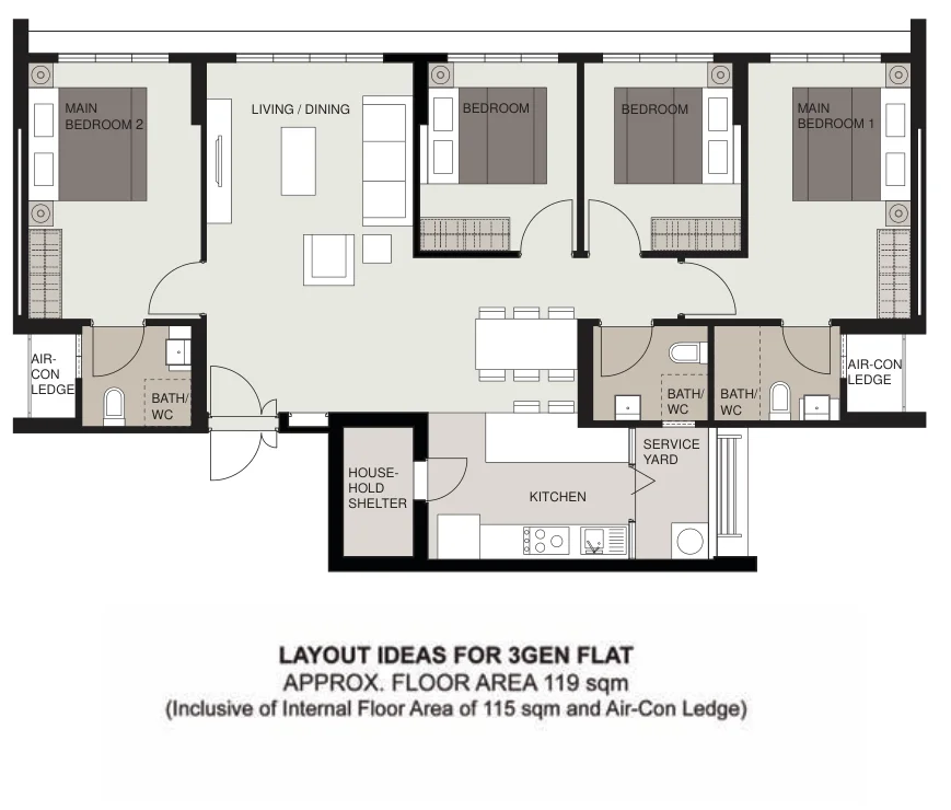 HDB floor plan of a 3Gen flat at Tampines GreenRidges, about 119 sqm