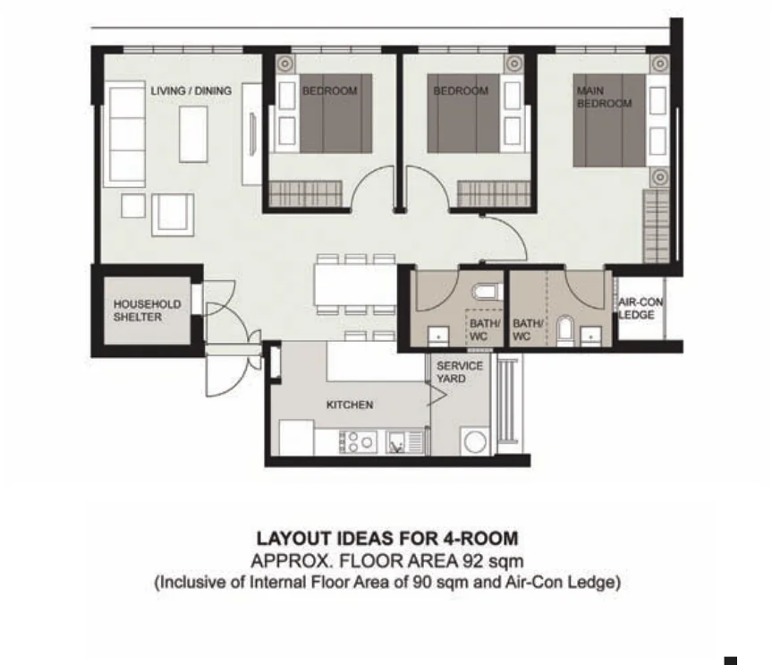 HDB floor plan of a 4-room flat at Tampines GreenRidges, about 92 sqm