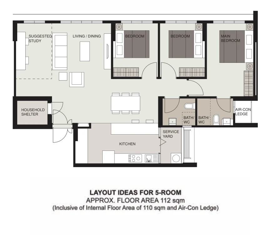 HDB floor plan of a 5-room flat at Tampines GreenRidges, about 112 sqm