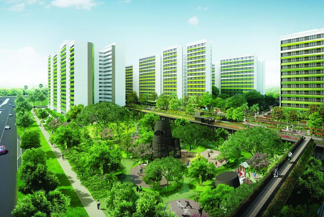 Artist’s impression of Tampines GreenRidges: white HDB blocks with green-striped facades above a tree-lined park connector and roof gardens