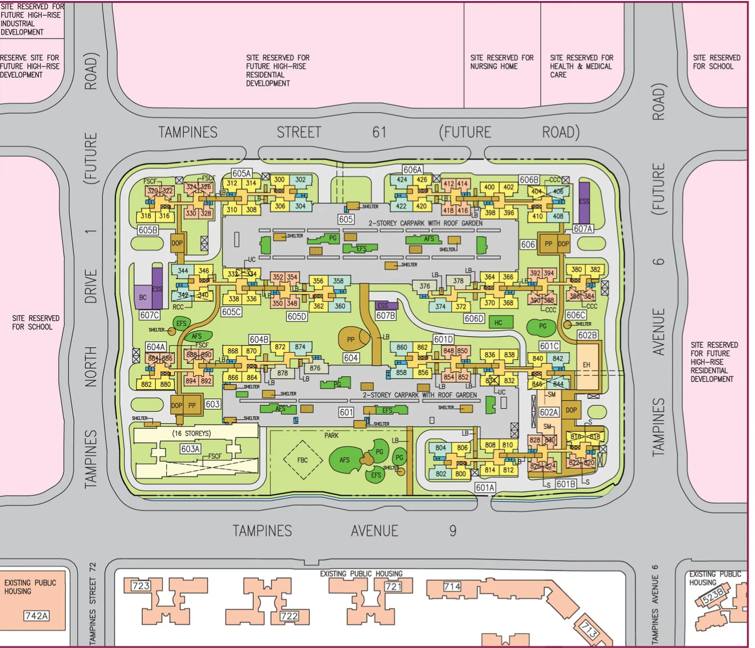 HDB site plan of Tampines GreenRidges, blocks 601A, 601B, 601C, 601D, 604A, 604B, 605A, 605B, 605C, 605D, 606A, 606B, 606C and 606D