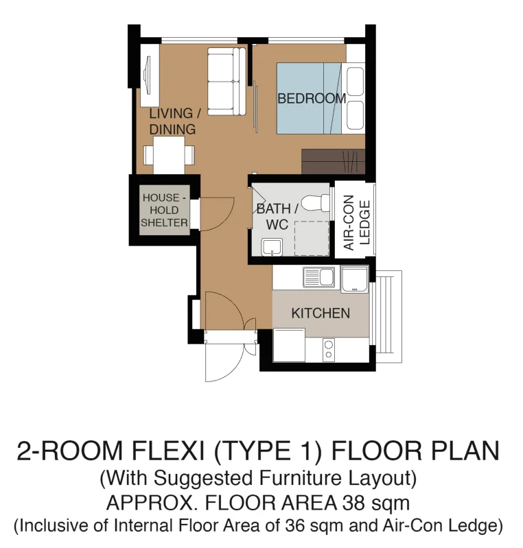 HDB floor plan of a 2-room Flexi (Type 1) flat at Tampines GreenSpring, about 38 sqm