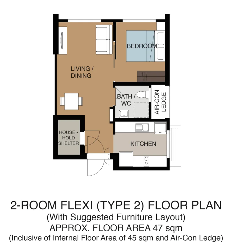 HDB floor plan of a 2-room Flexi (Type 2) flat at Tampines GreenSpring, about 47 sqm