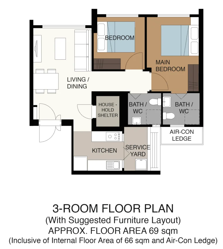 HDB floor plan of a 3-room flat at Tampines GreenSpring, about 69 sqm
