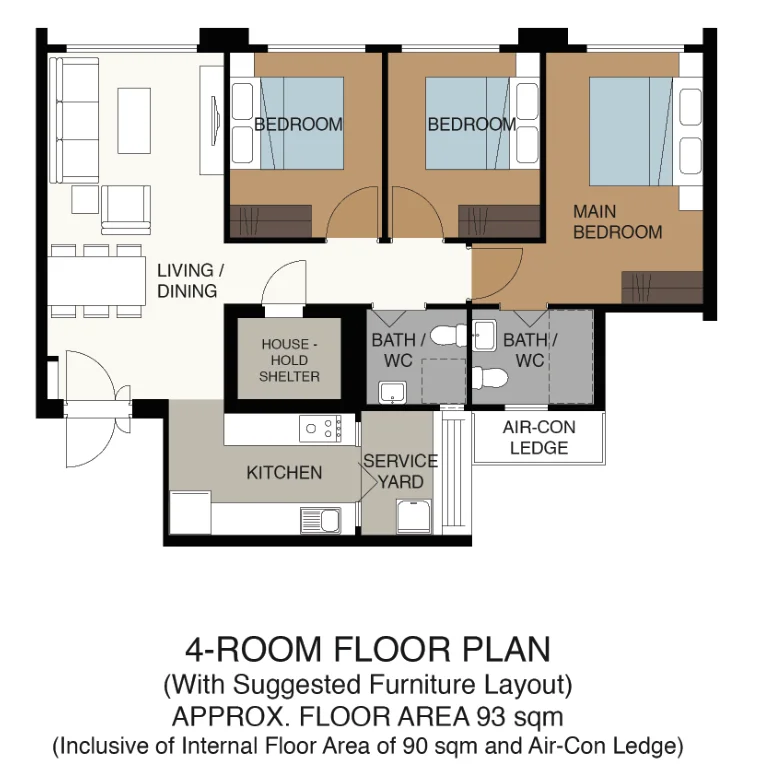 HDB floor plan of a 4-room flat at Tampines GreenSpring, about 93 sqm