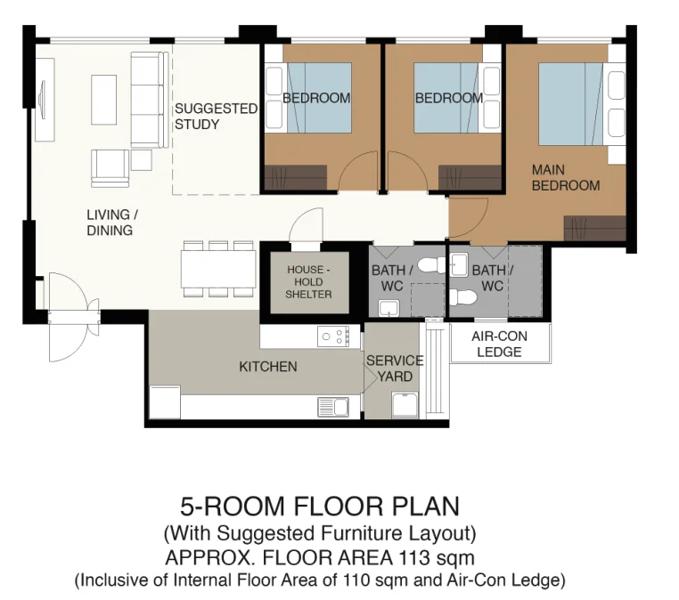 HDB floor plan of a 5-room flat at Tampines GreenSpring, about 113 sqm