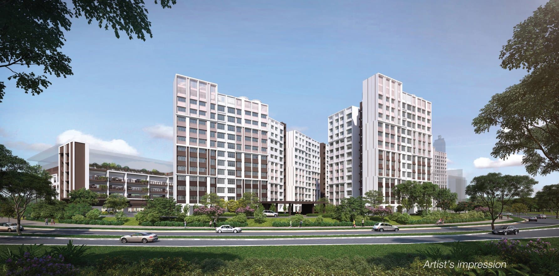 Artist’s impression of Tampines GreenSpring: white HDB blocks with pink and brown panels behind a landscaped verge along Tampines Avenue 5