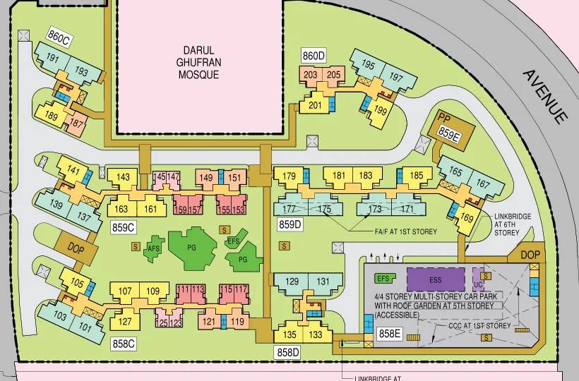 HDB site plan of Tampines GreenSpring, blocks 858C, 858D, 859C, 859D, 860C and 860D