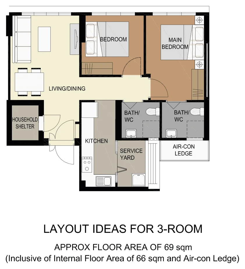HDB floor plan of a 3-room flat at Tampines GreenVerge, about 69 sqm