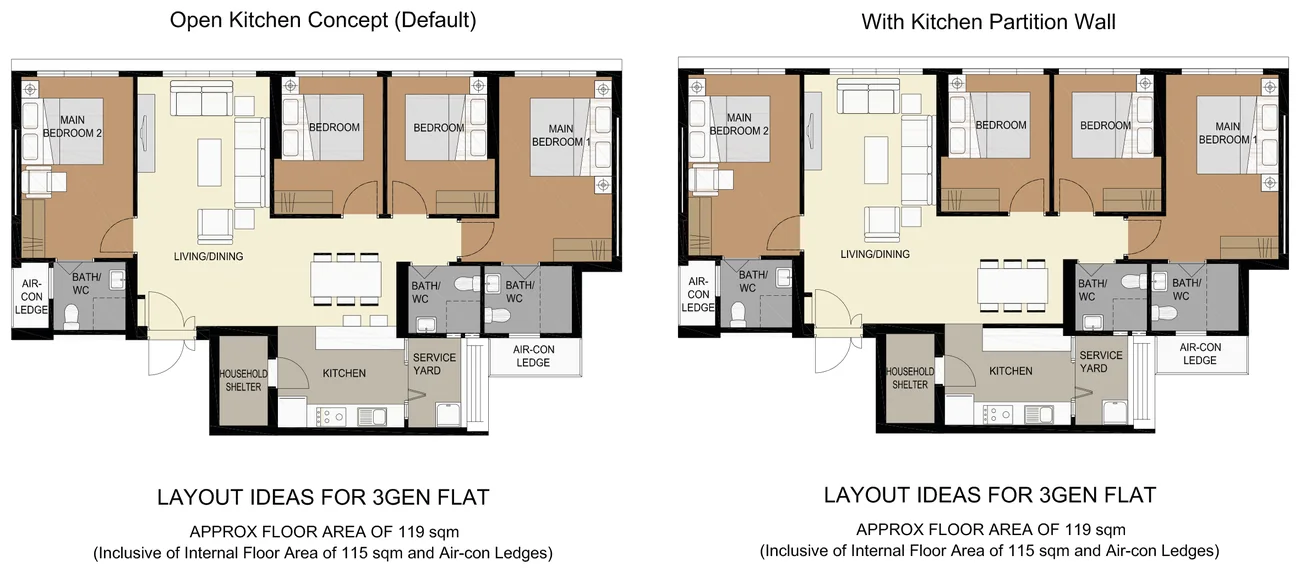 HDB floor plan of a 3Gen flat at Tampines GreenVerge, about 119 sqm