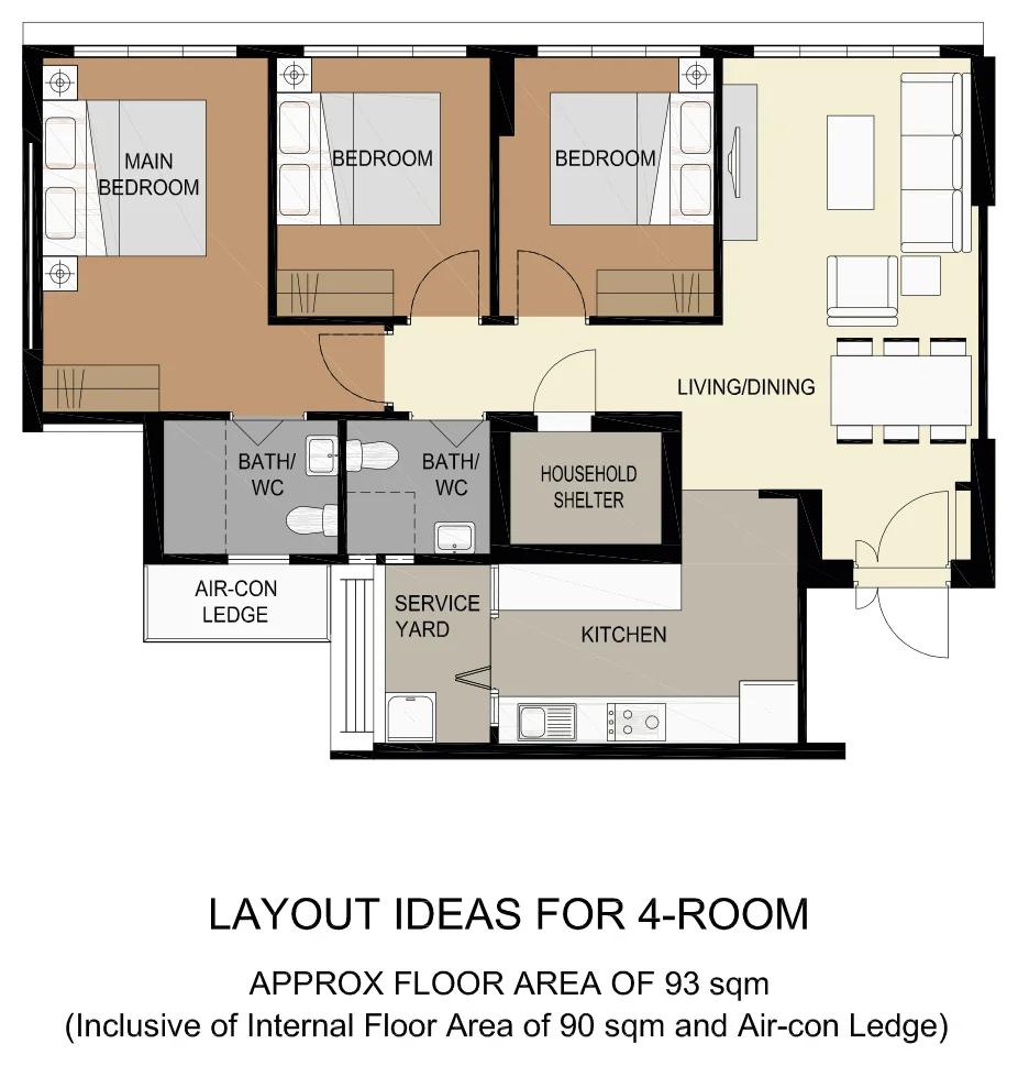 HDB floor plan of a 4-room flat at Tampines GreenVerge, about 93 sqm