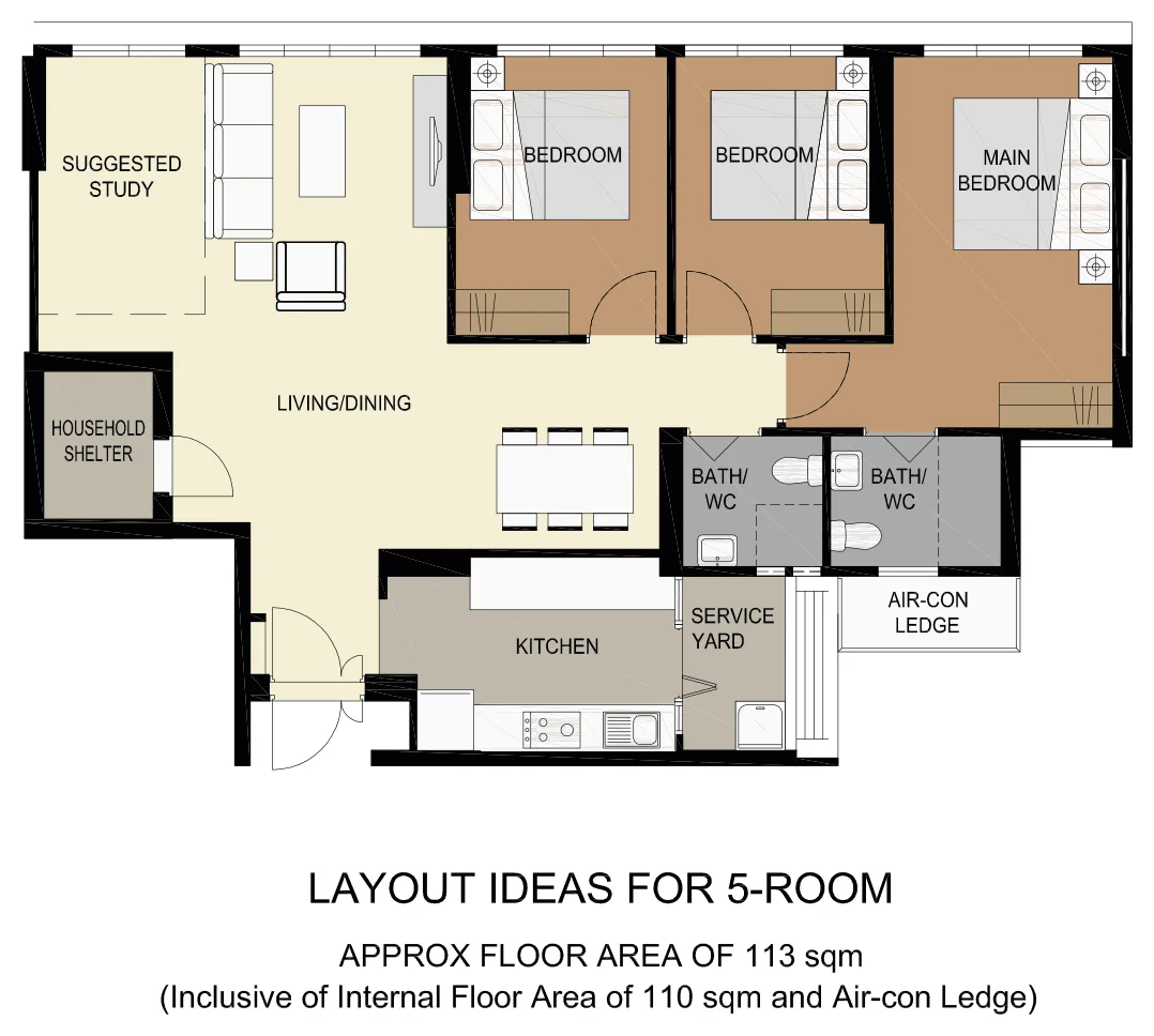 HDB floor plan of a 5-room flat at Tampines GreenVerge, about 113 sqm