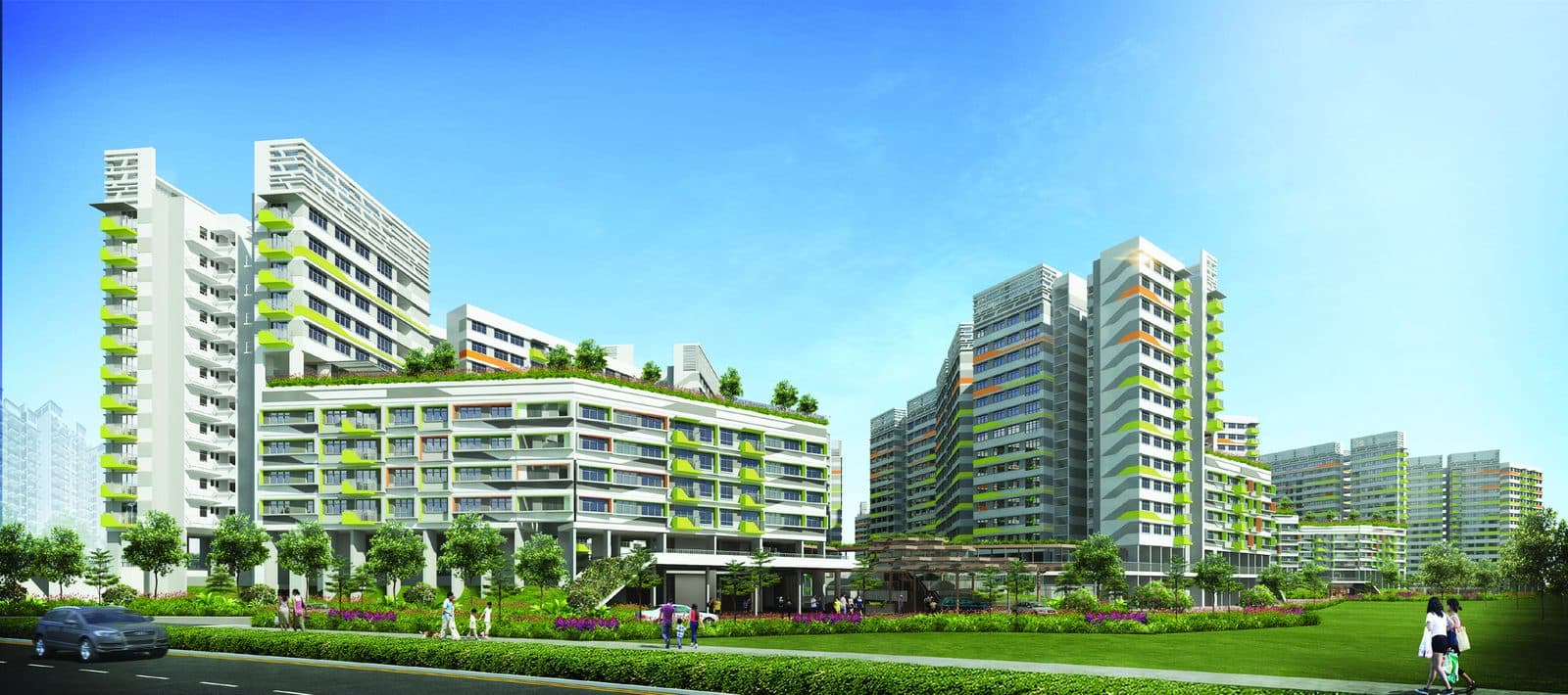 Artist’s impression of Tampines GreenVerge: white HDB blocks of 6 to 16 storeys with green roof gardens beside a park