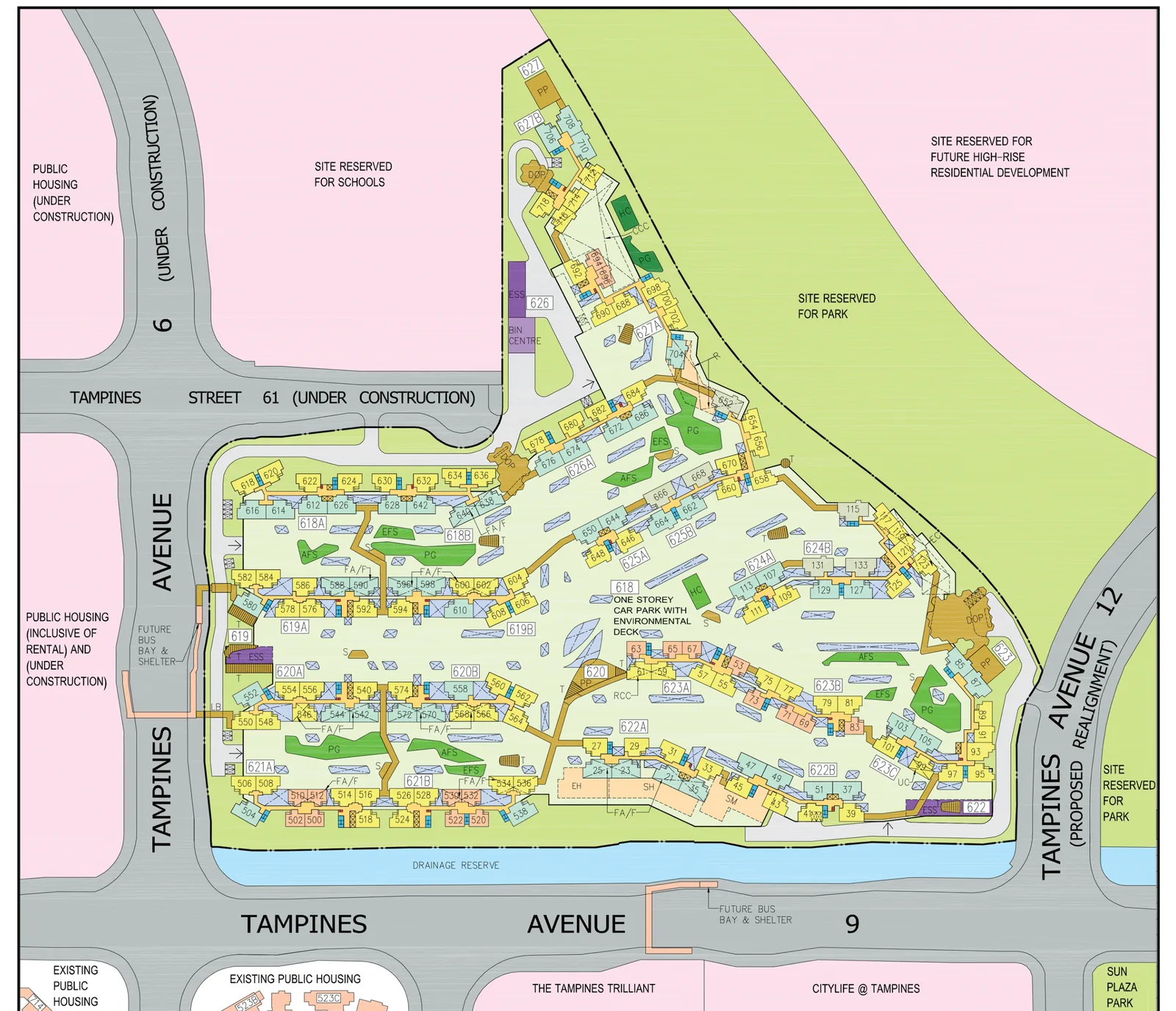 HDB site plan of Tampines GreenVerge, blocks 618A, 618B, 619A, 619B, 620A, 620B, 621A, 621B, 622A, 622B, 623A, 623B, 623C, 624A, 624B, 625A, 625B, 626A, 627A and 627B