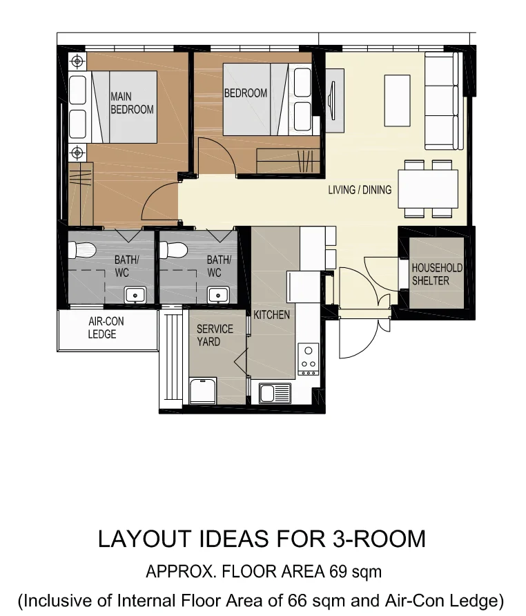 HDB floor plan of a 3-room flat at Tampines GreenView, about 69 sqm