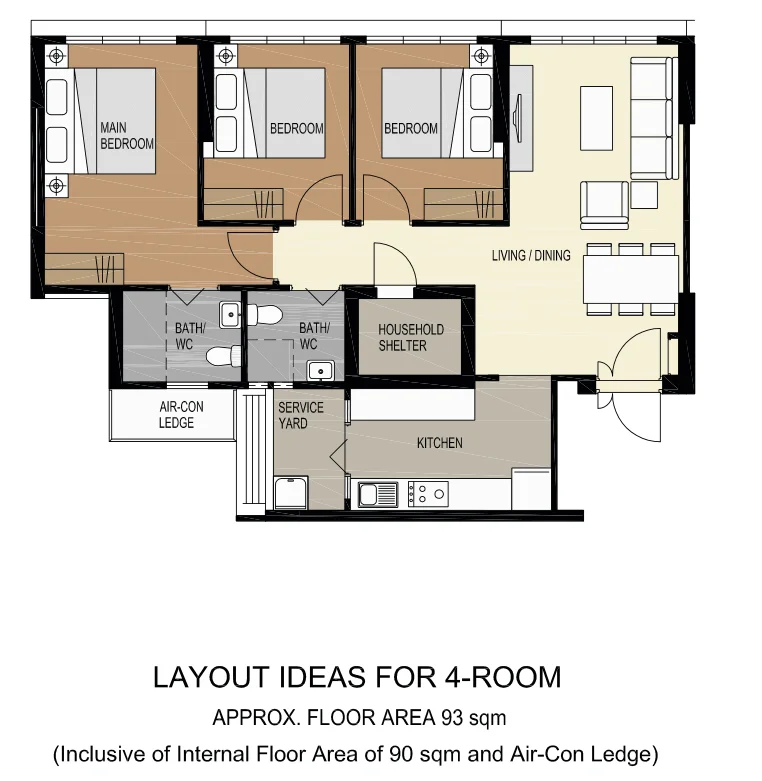 HDB floor plan of a 4-room flat at Tampines GreenView, about 93 sqm
