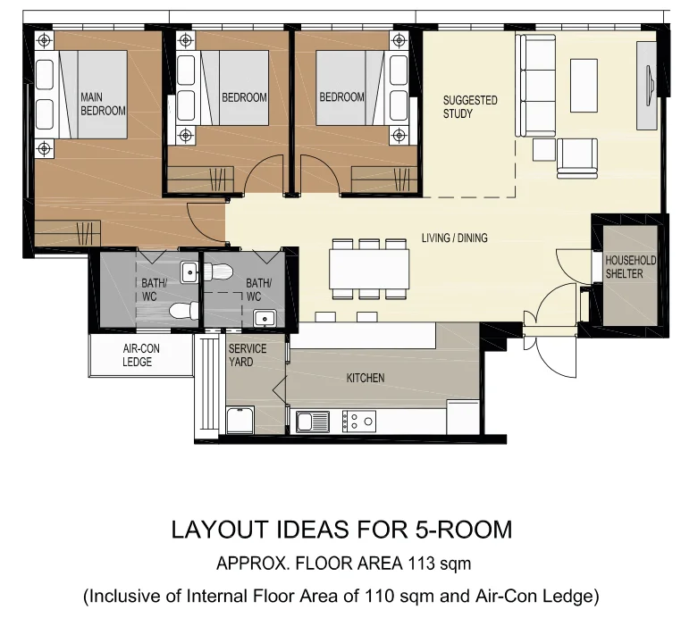 HDB floor plan of a 5-room flat at Tampines GreenView, about 113 sqm