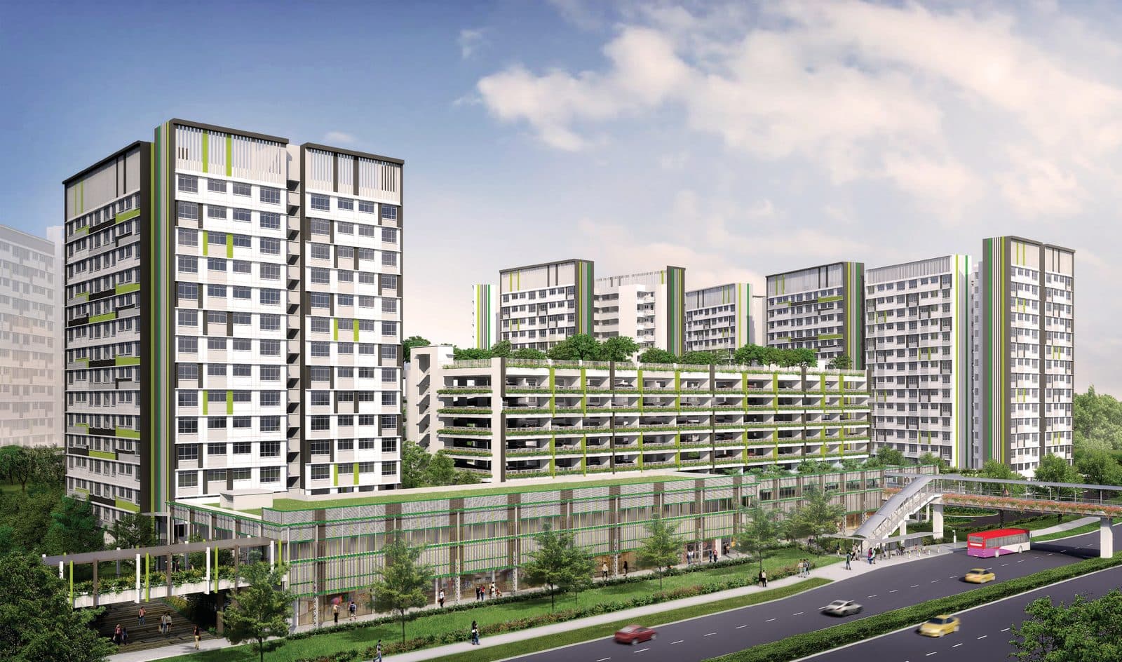 Artist’s impression of Tampines GreenView: white HDB blocks of 15 storeys with green and grey stripes, a multi-storey carpark with planted ledges, shops along the road and a pedestrian overhead bridge