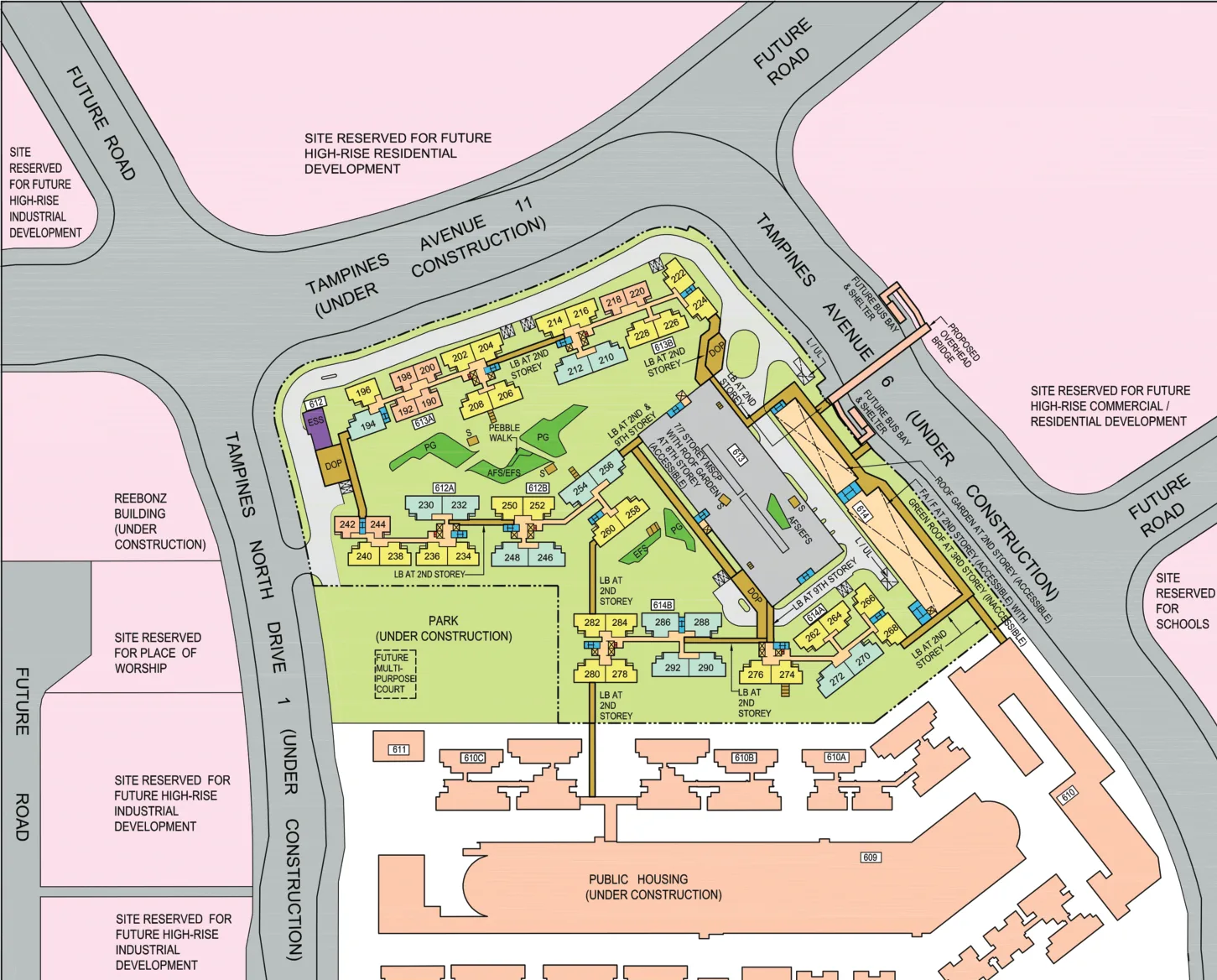 HDB site plan of Tampines GreenView, blocks 612A, 612B, 613A, 613B, 614A and 614B
