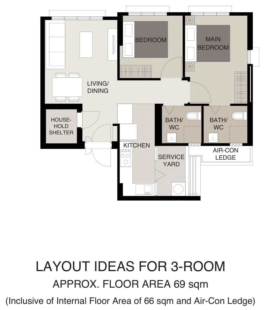 HDB floor plan of a 3-room flat at Tampines GreenVines, about 69 sqm