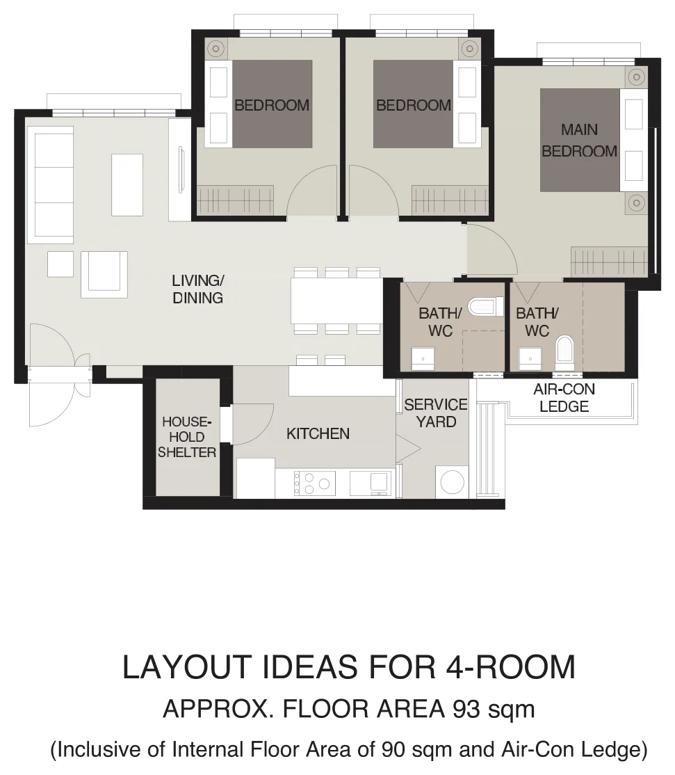HDB floor plan of a 4-room flat at Tampines GreenVines, about 93 sqm