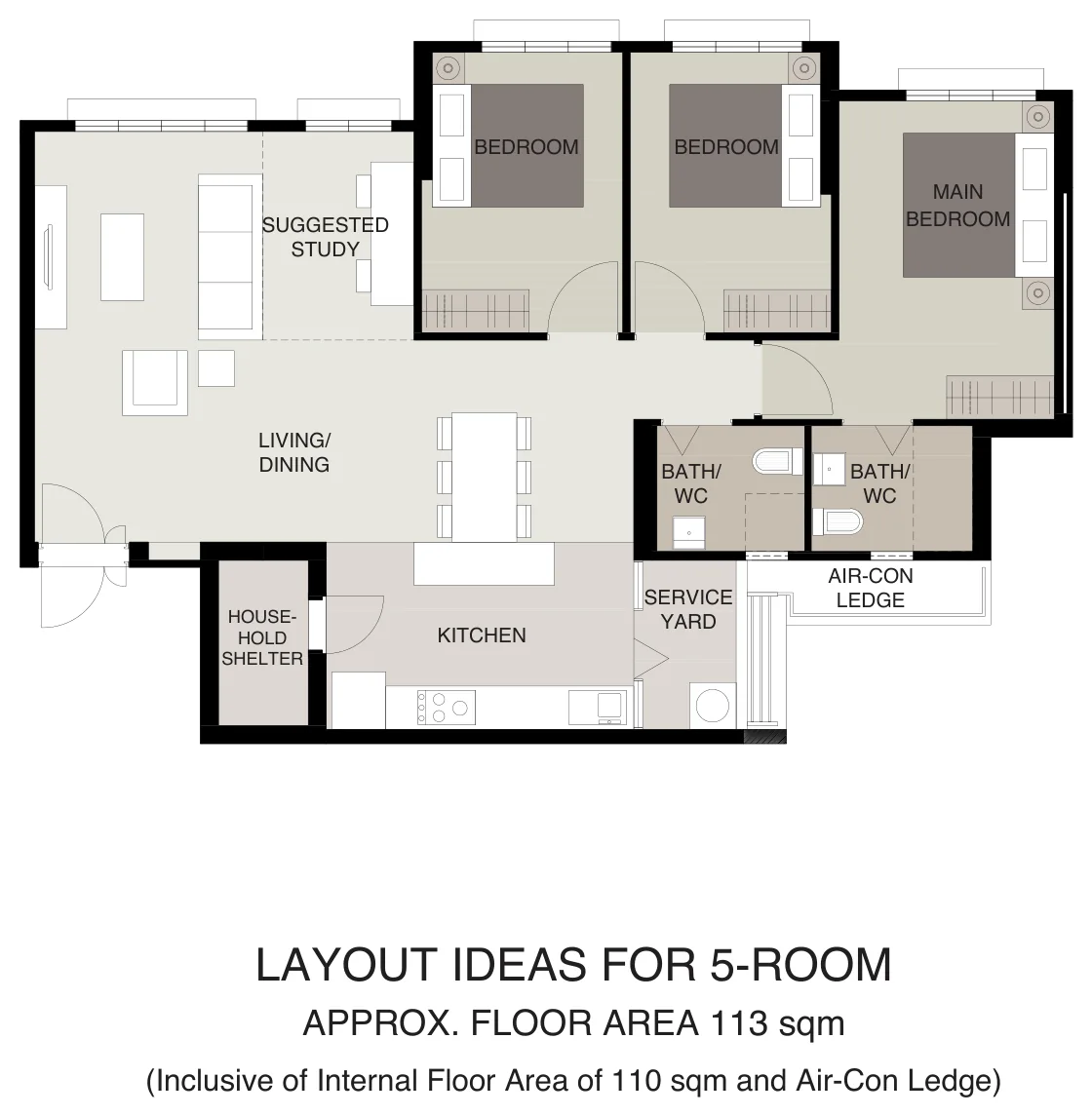 HDB floor plan of a 5-room flat at Tampines GreenVines, about 113 sqm