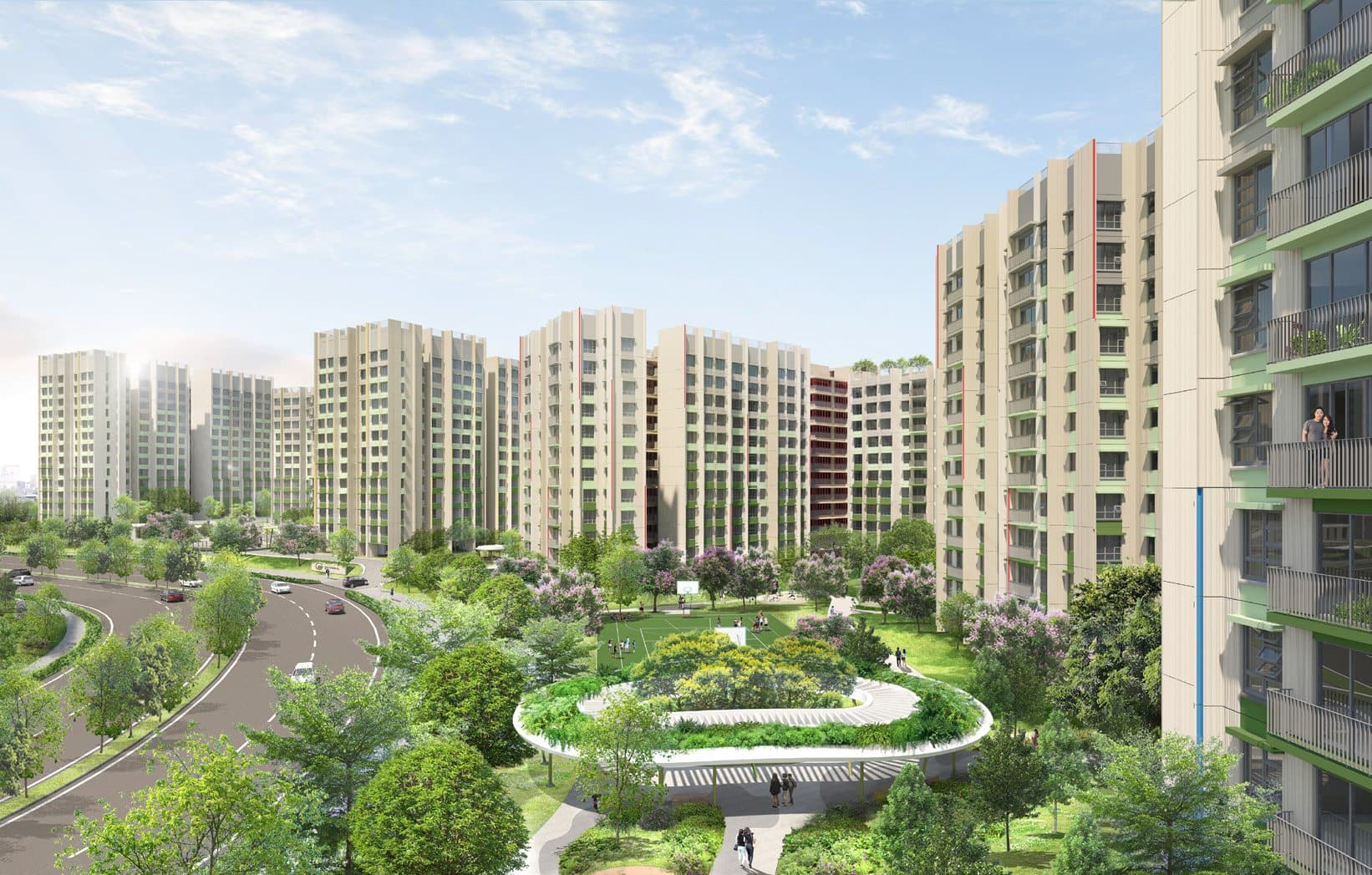 Artist’s impression of Tampines GreenVines: white HDB blocks of 10 to 14 storeys around a green roof garden