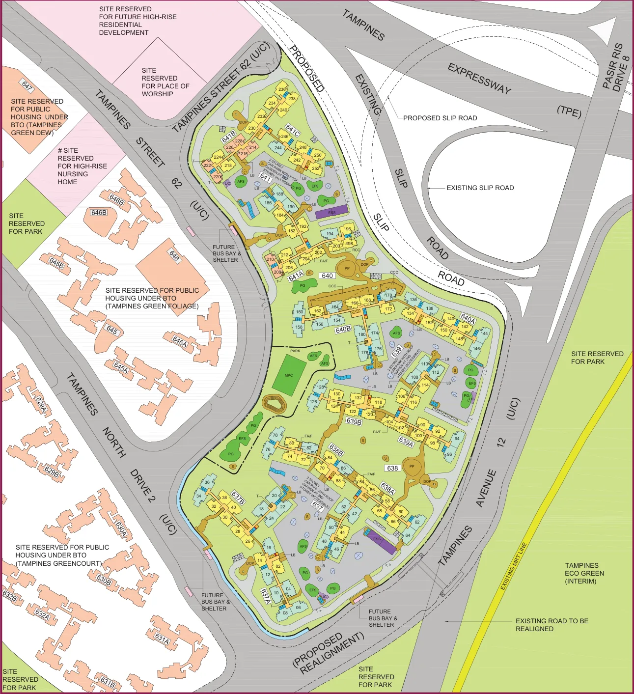 HDB site plan of Tampines GreenVines, blocks 637A, 637B, 638A, 638B, 639A, 639B, 640A, 640B, 641A, 641B and 641C