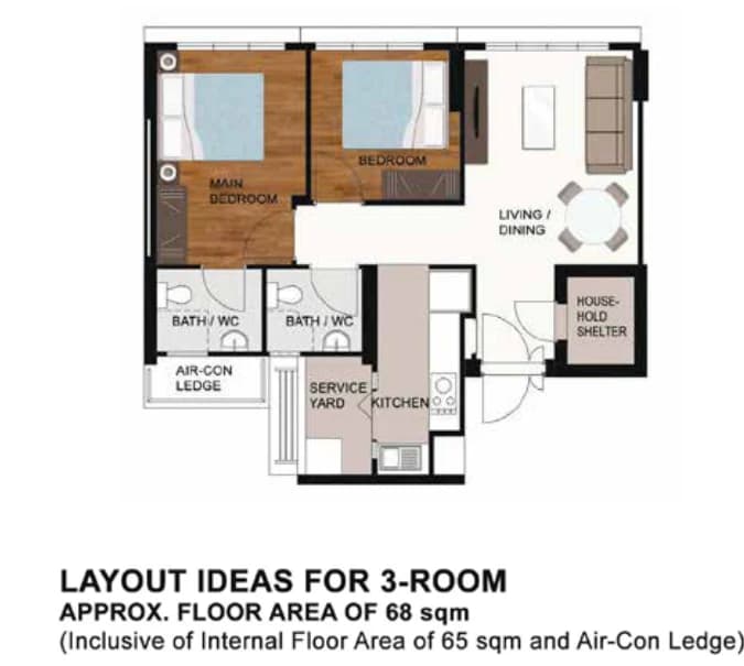 HDB floor plan of a 3-room flat at Tampines GreenWeave, about 68 sqm