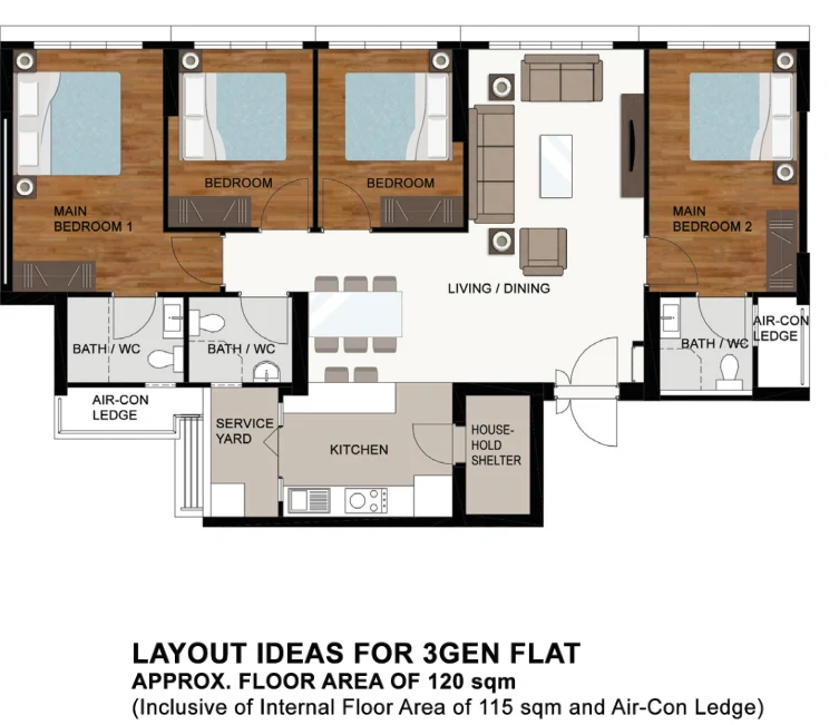HDB floor plan of a 3Gen flat at Tampines GreenWeave, about 120 sqm