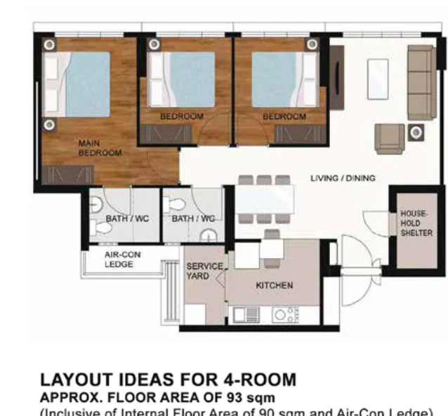 HDB floor plan of a 4-room flat at Tampines GreenWeave, about 93 sqm
