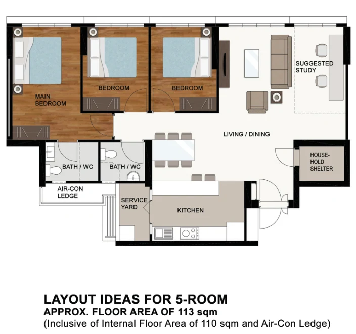 HDB floor plan of a 5-room flat at Tampines GreenWeave, about 113 sqm