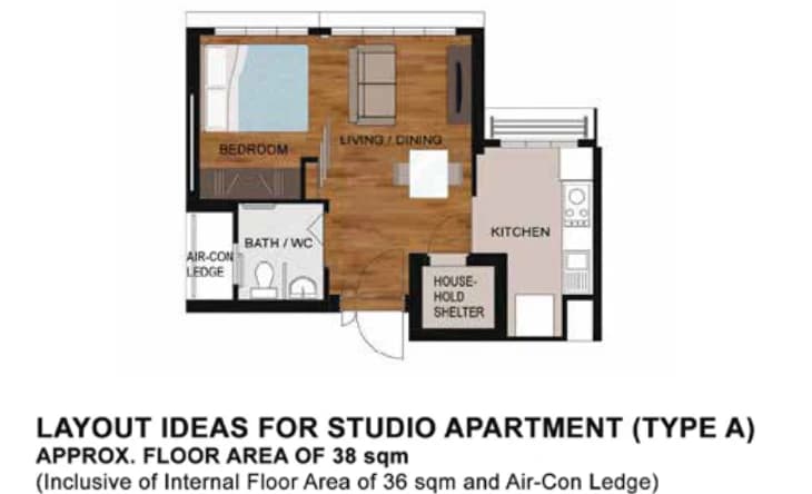 HDB floor plan of a Studio (Type A) flat at Tampines GreenWeave, about 38 sqm
