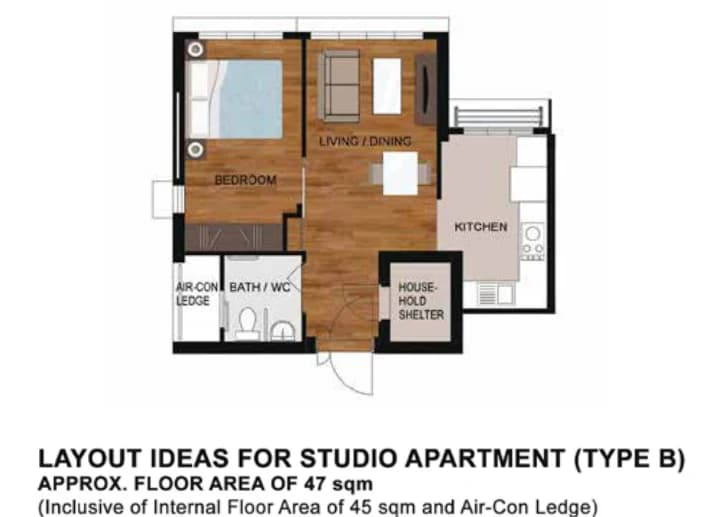 HDB floor plan of a Studio (Type B) flat at Tampines GreenWeave, about 47 sqm