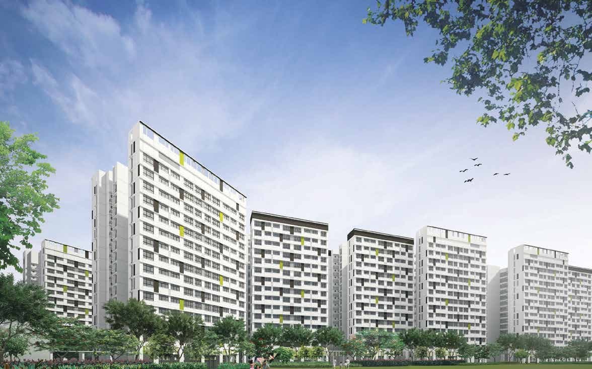 Artist’s impression of Tampines GreenWeave: white 15-storey HDB blocks with green accents behind a lawn and trees