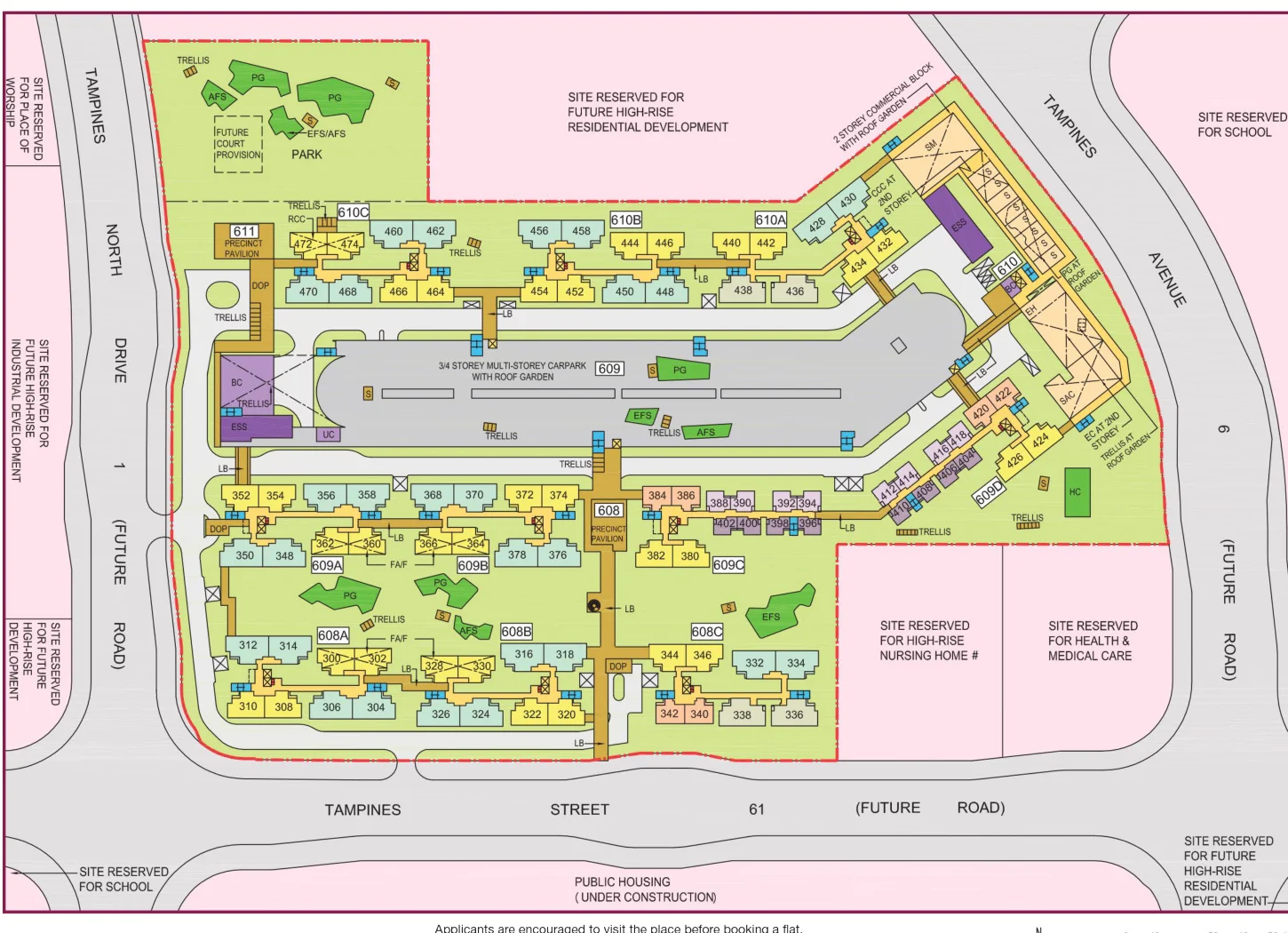 HDB site plan of Tampines GreenWeave, blocks 608A, 608B, 608C, 609A, 609B, 609C, 609D, 610A, 610B and 610C
